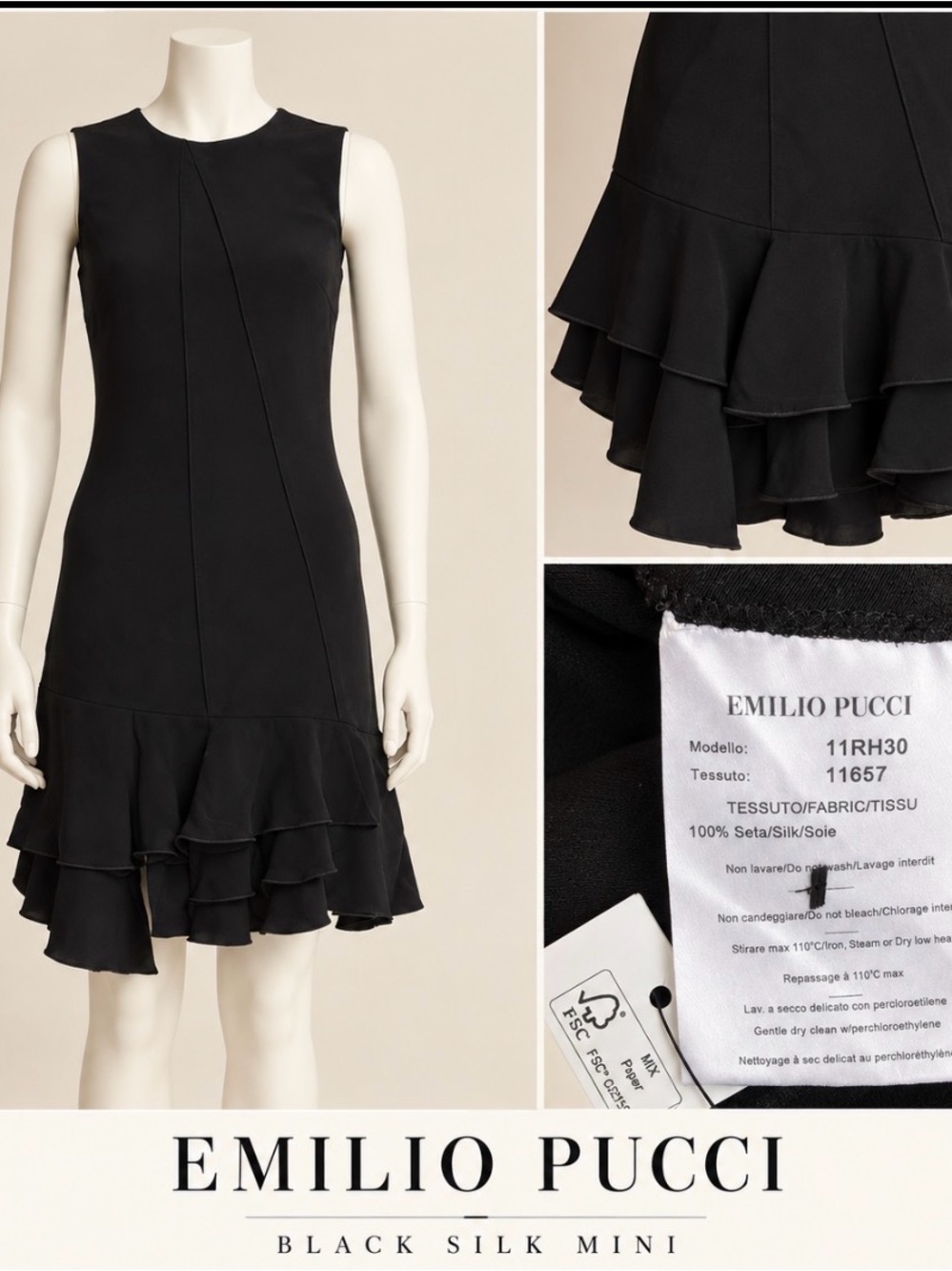 Emilio Pucci Black  Silk Sleeveless Ruffle Hem Mini Dress, size XS, like new